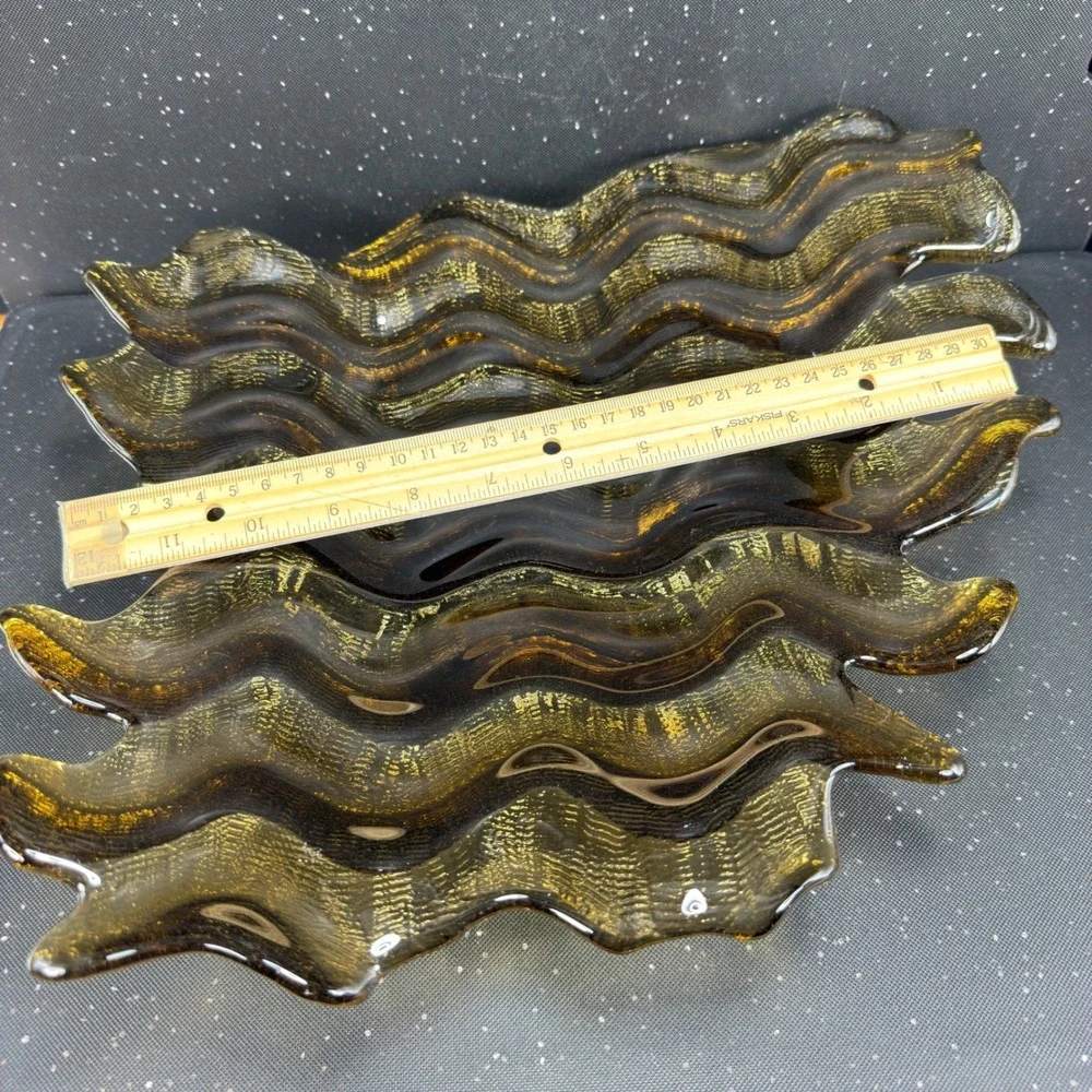 Hudson‎ Beach Amber Gold Textured Wavy Art Glass Centerpiece Bowl 13in Blown